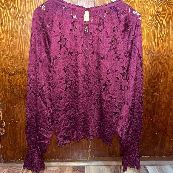 Free People Womens Olivia Blouse Wine Red Floral Long Sleeve Keyhole Lace Large - Picture 7 of 9